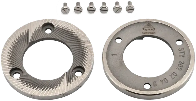 98 mm Turkish grind premium cast steel burrs for the EK43 grinder, both burrs with mounting screws