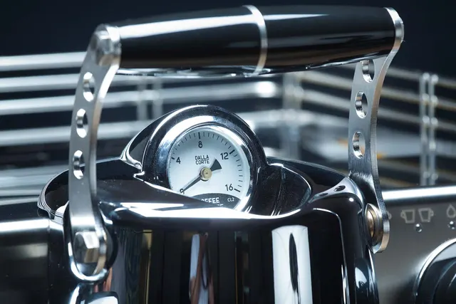 Dalla Corte Mina lever and pressure gauge, close-up
