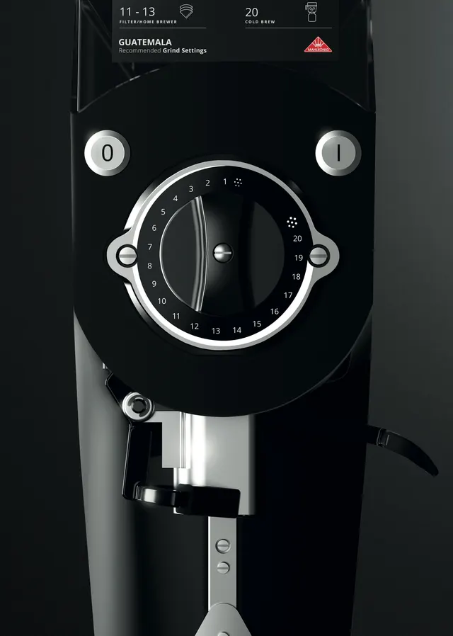 Mahlkönig Guatemala on a dark background, grind adjuster and spout, close-up