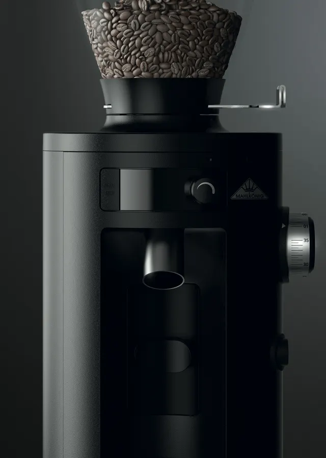 Mahlkönig X54 on a dark background, display and hopper, close-up